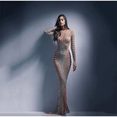 Mesh Sequins Split Fishtail V Neck Long Sleeve Maxi Dress